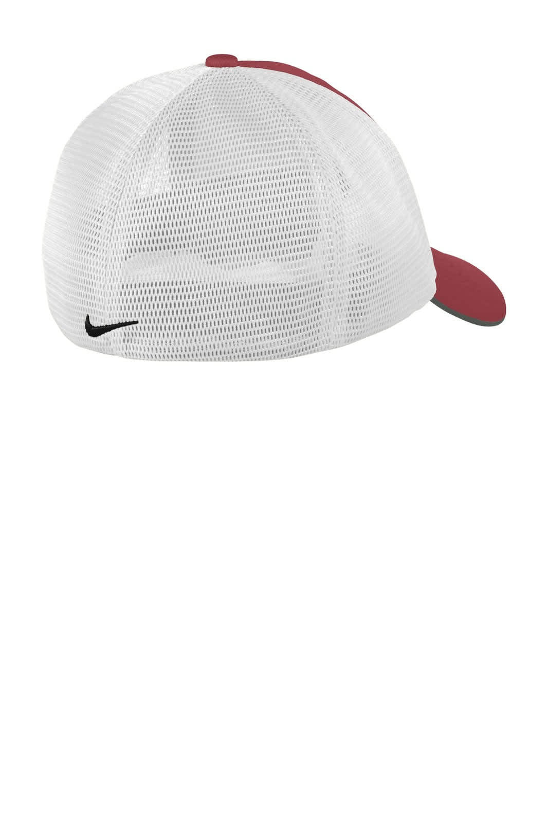 A red and white mesh-back cap featuring a logo. The cap has a structured front and breathable mesh sides.