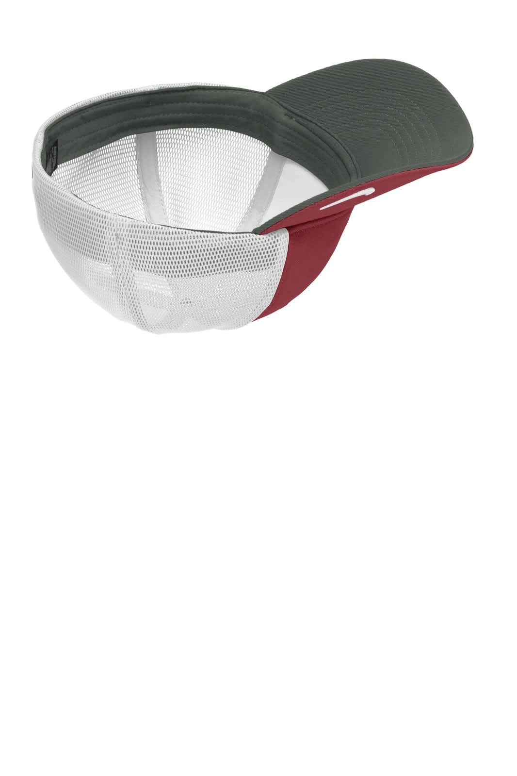 A cap featuring a grey front and a red side, with a mesh back for ventilation and a branded logo.