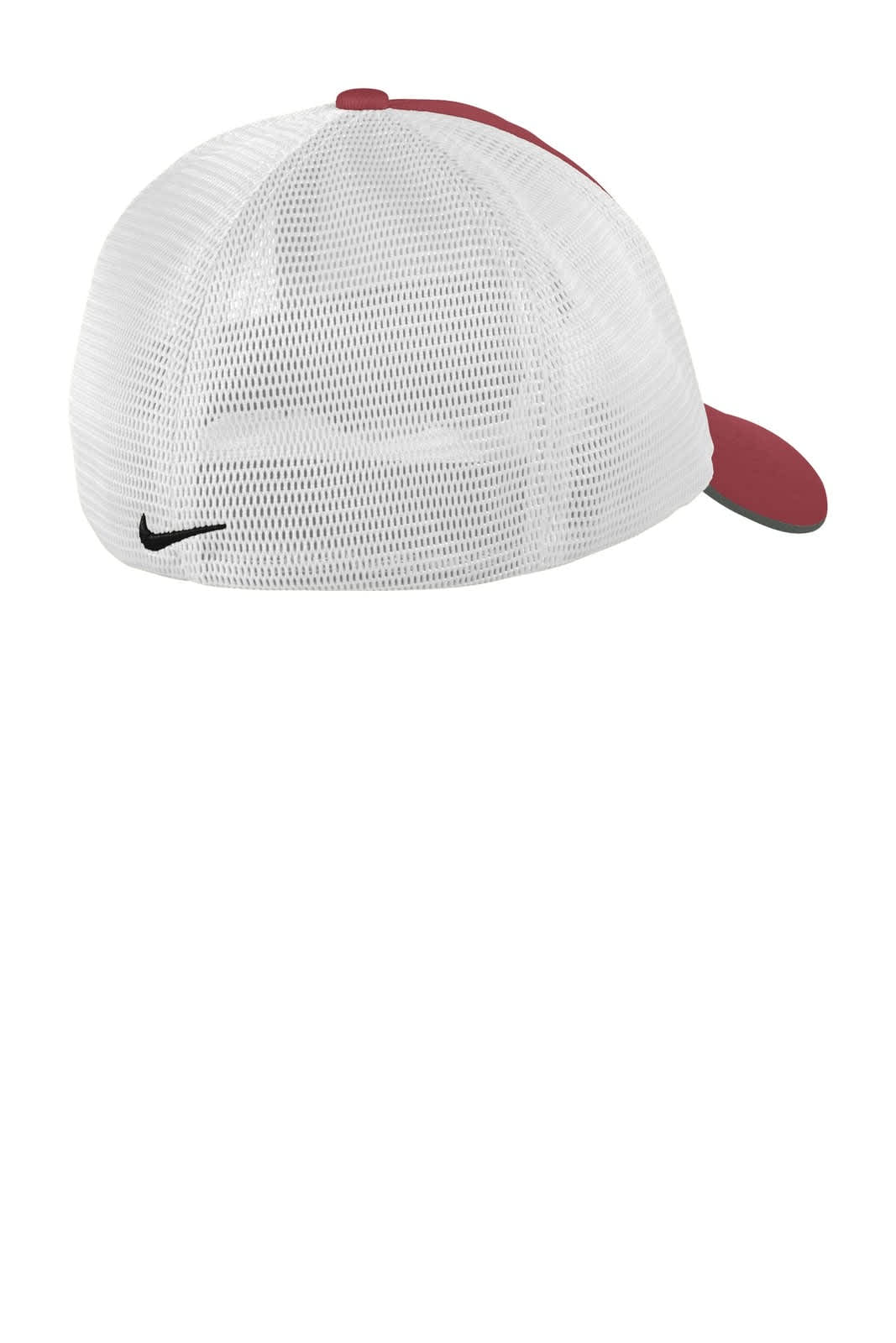 A cap featuring a red front and a white mesh back, with a logo on the side.