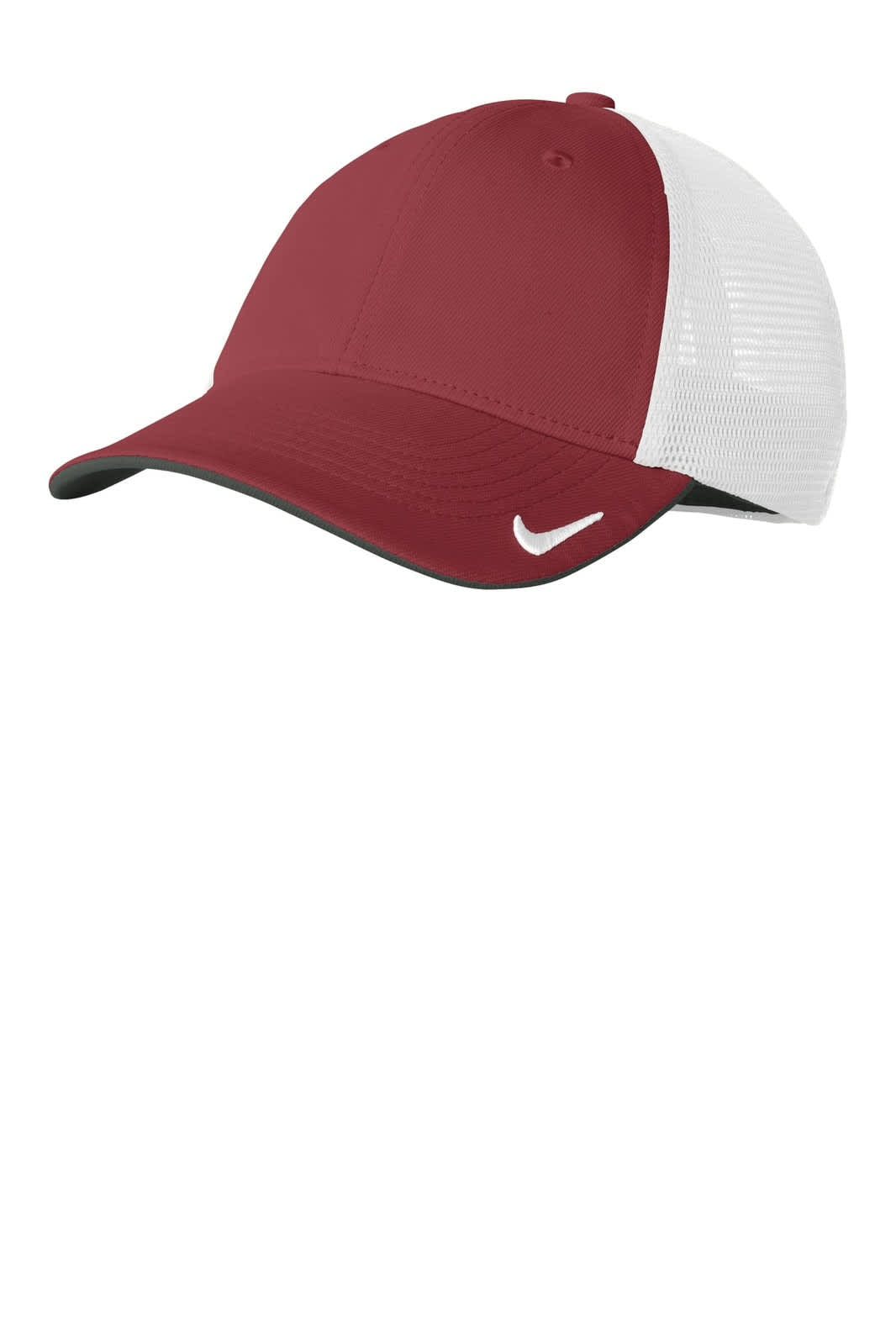 A red and white cap with a mesh back, featuring a logo on the front.
