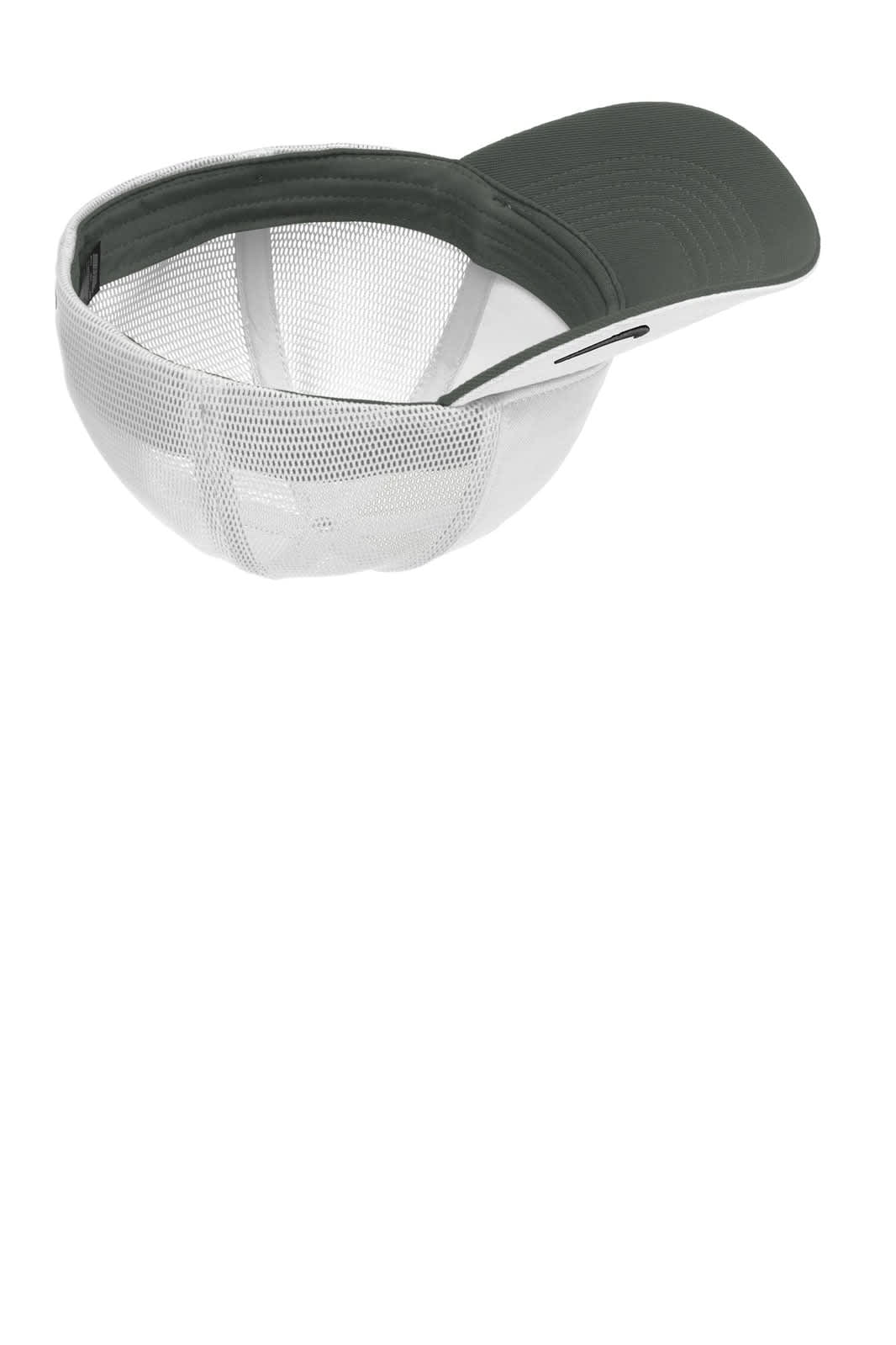 A cap featuring a grey front and white mesh back, designed for breathability with a logo on the side.