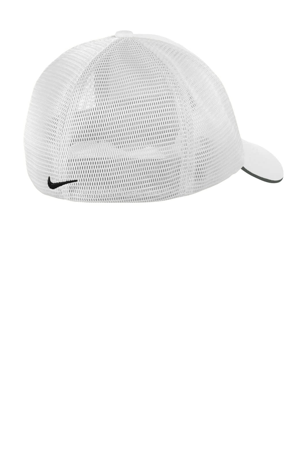 A white mesh back cap with a black logo, featuring a curved brim and adjustable strap.