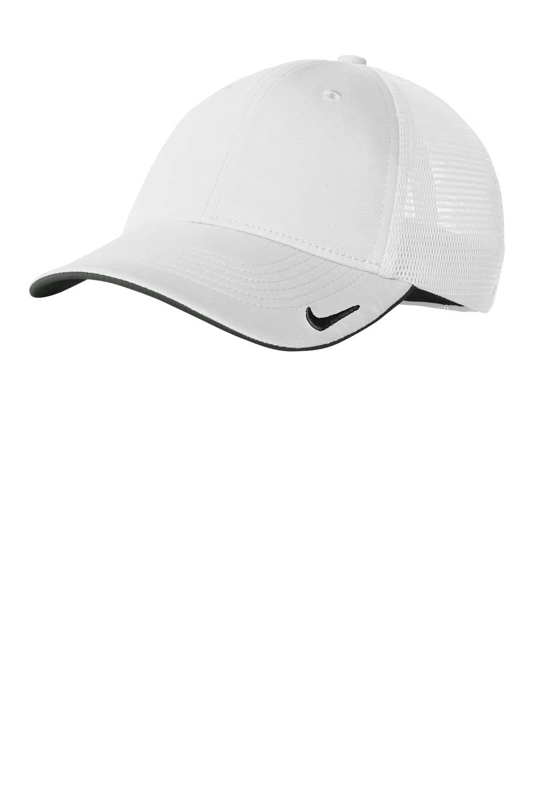 A white Nike Dri-FIT Mesh Back Cap with a black rim and a logo on the front.