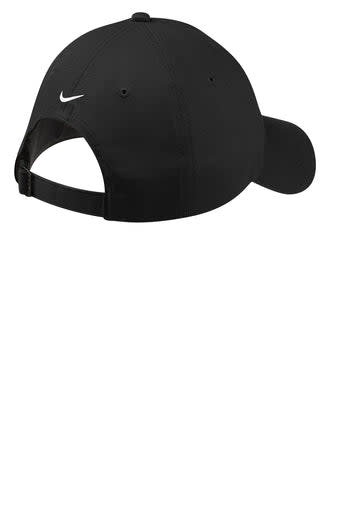 A black Nike unstructured twill cap featuring a logo, with an adjustable strap at the back.
