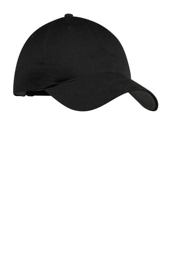 A black unstructured twill cap featuring a curved brim and adjustable back, with a logo on the front.
