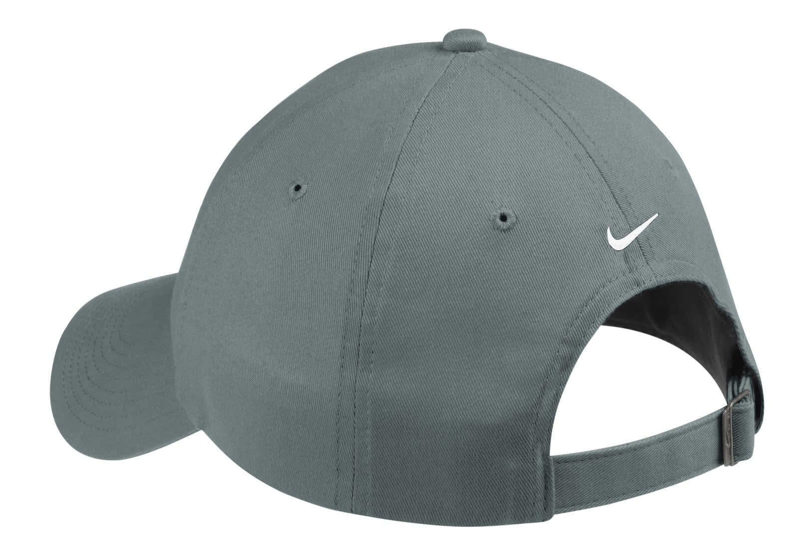 A grey unstructured twill cap featuring a logo at the back and an adjustable strap.