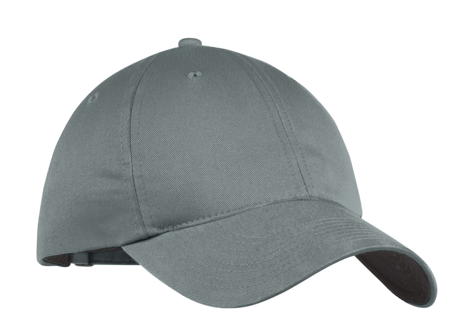 A grey unstructured twill cap with a logo, featuring a curved brim and adjustable strap.