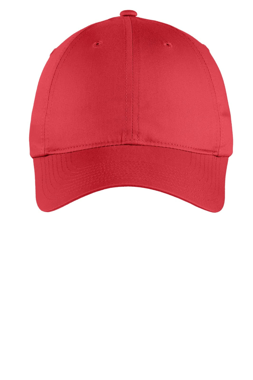 A red unstructured twill cap featuring a rounded crown and a curved brim, with a logo on the front.