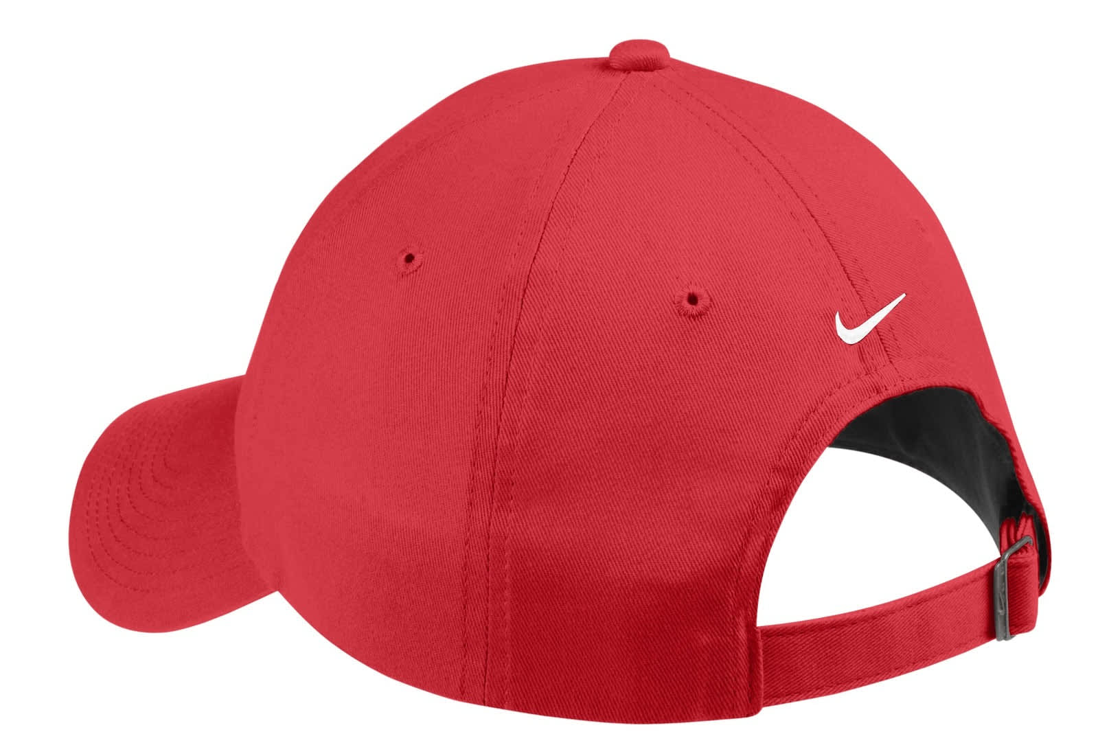 A red unstructured twill cap with a branded logo and an adjustable strap at the back.