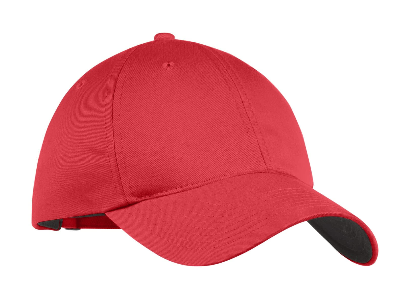 A red unstructured twill cap with a curved brim and a logo on the front.