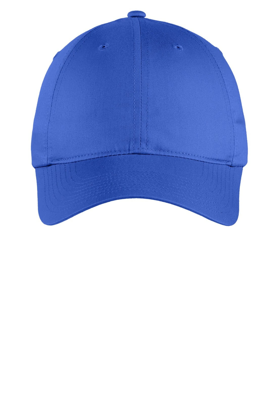 A blue unstructured twill cap with a curved brim and a logo on the front.