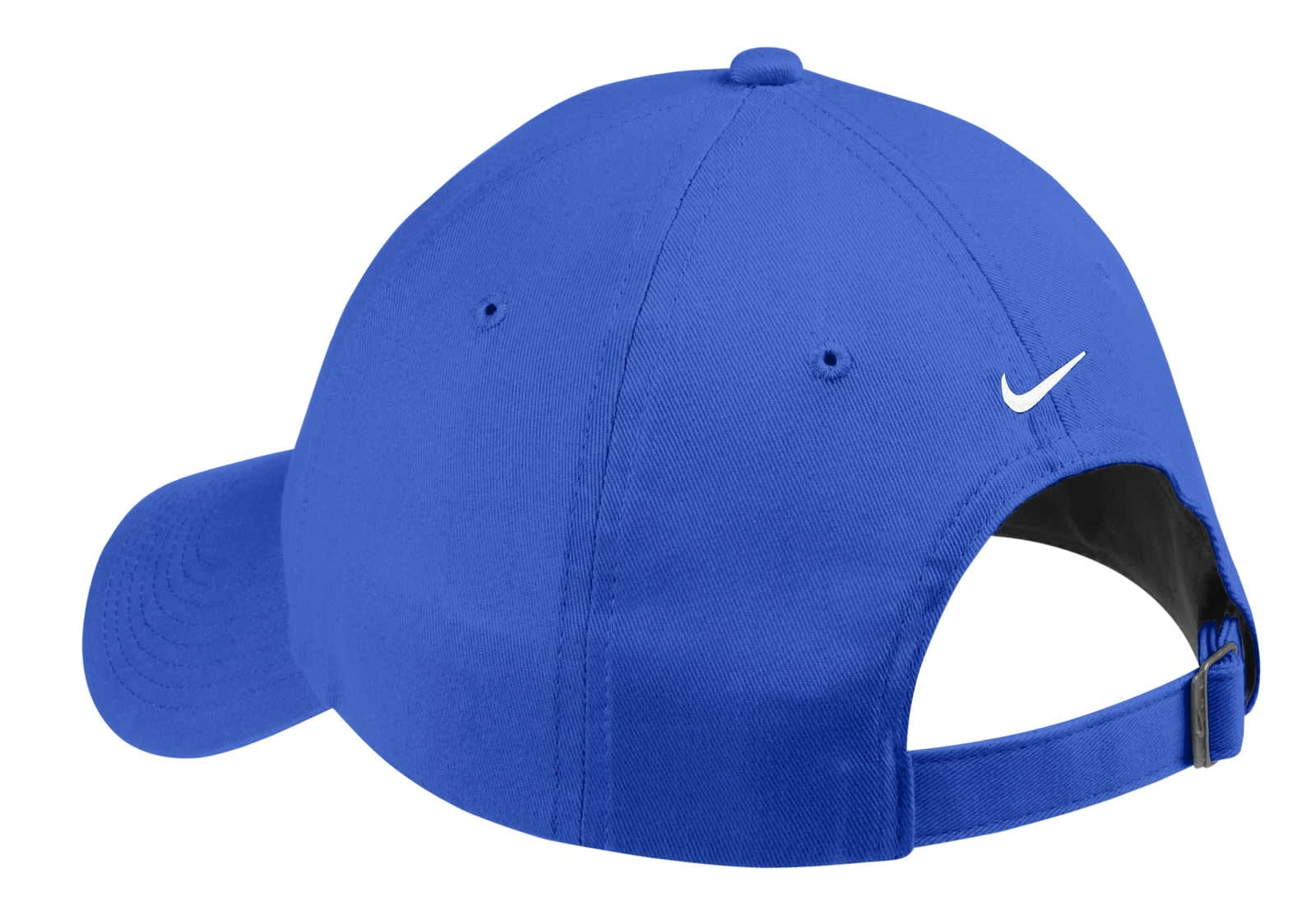 A blue cap with an adjustable strap at the back and a small logo on the side.