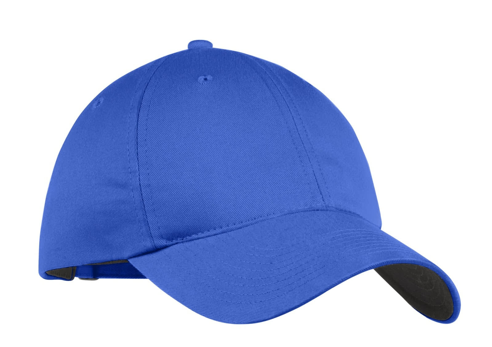 A blue unstructured twill cap featuring a logo, designed for casual headwear.