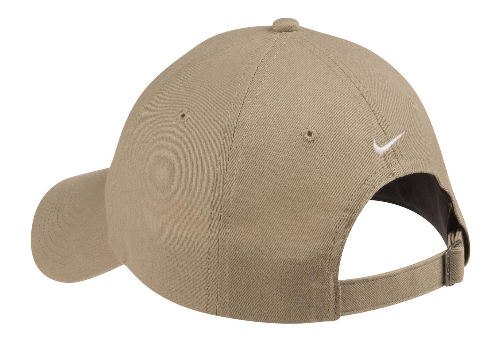 A beige unstructured twill cap with a curved brim and an adjustable strap at the back, featuring a logo.