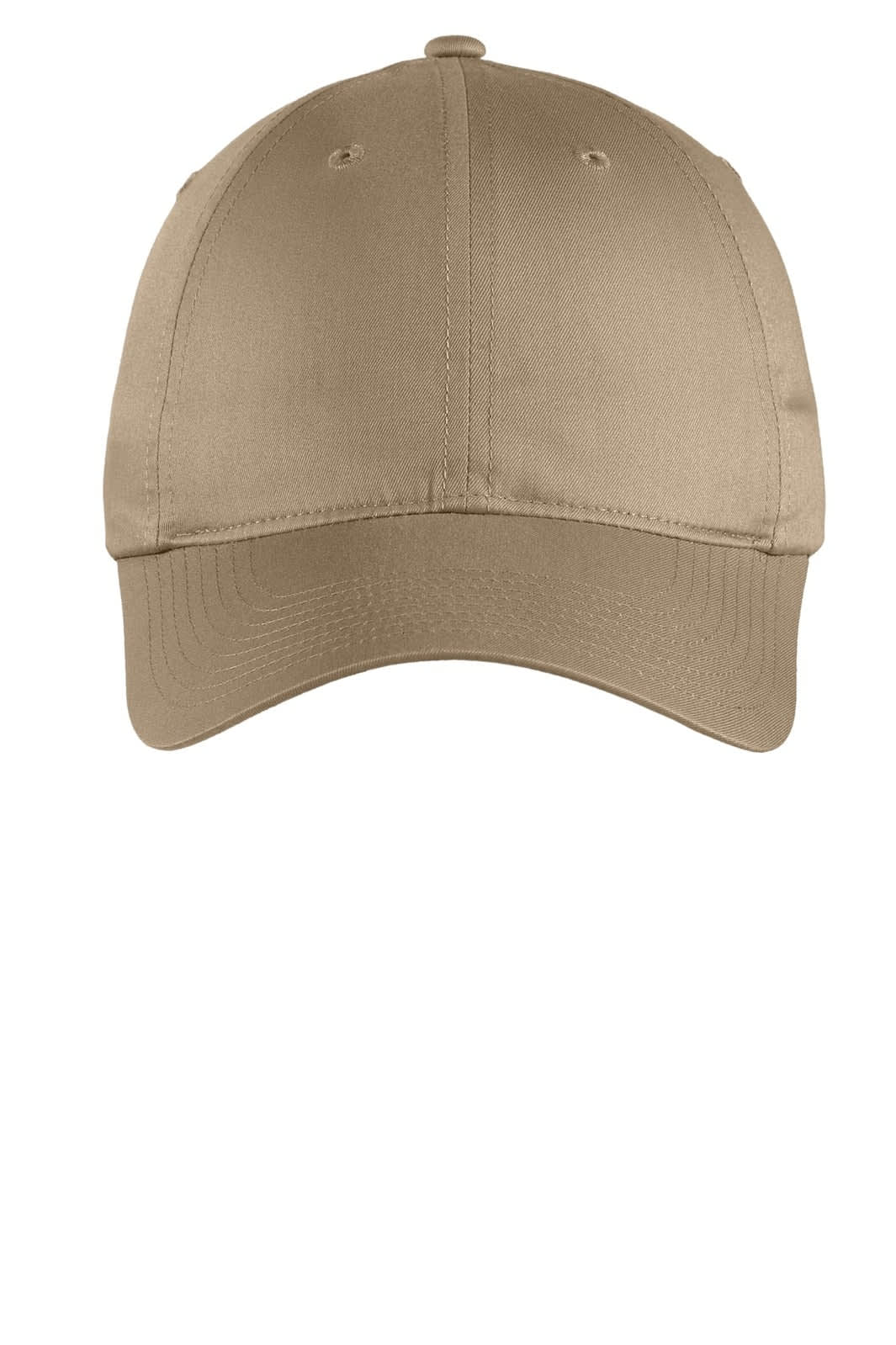 A beige cap with an unstructured design and a logo on the front. Features stitching on the peak and ventilation holes.