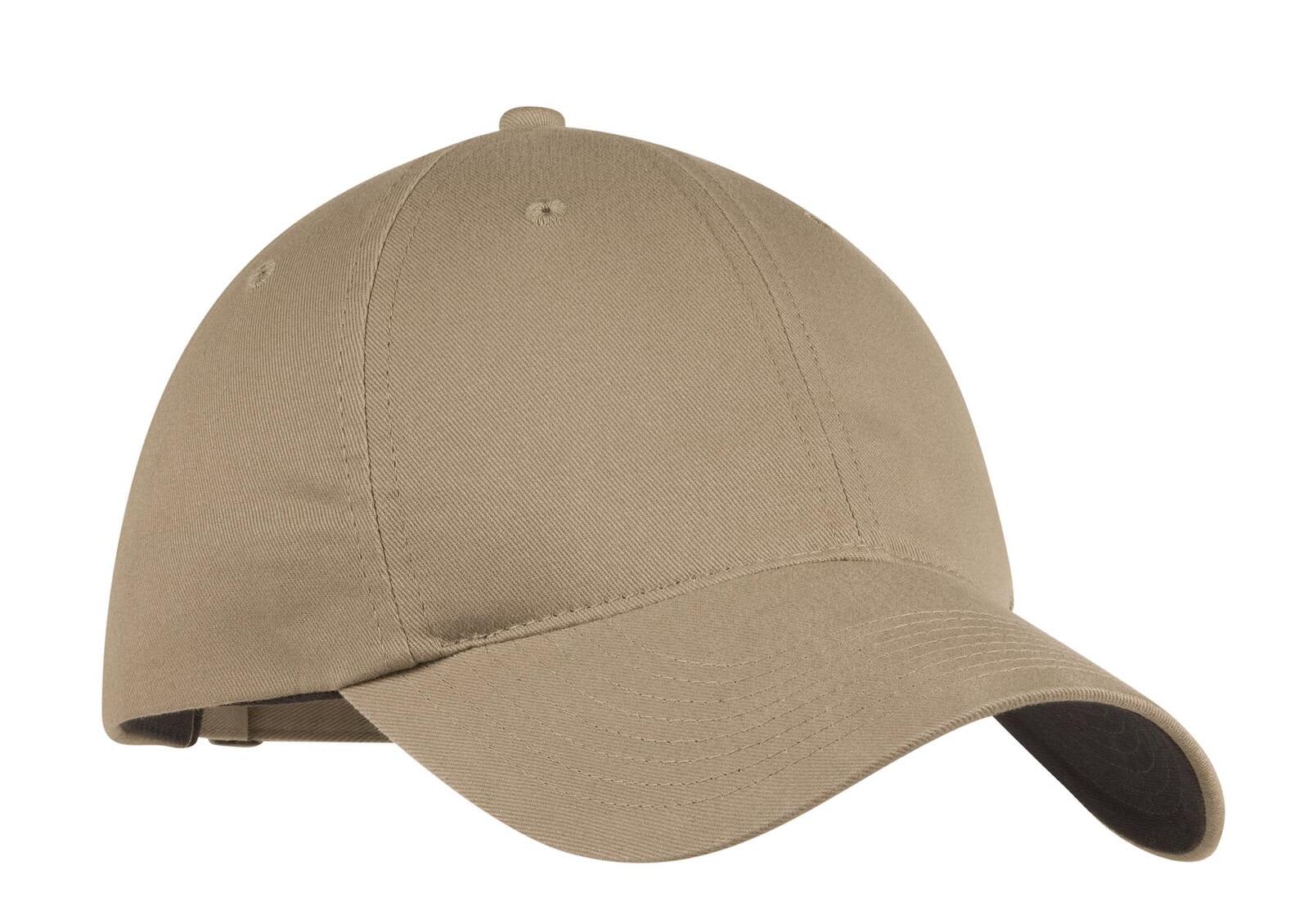 A beige unstructured twill cap featuring an adjustable strap and a logo on the front.