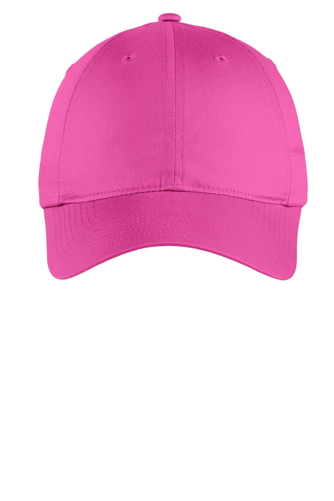 A pink unstructured twill cap featuring a curved brim and an adjustable strap at the back. It has a logo.