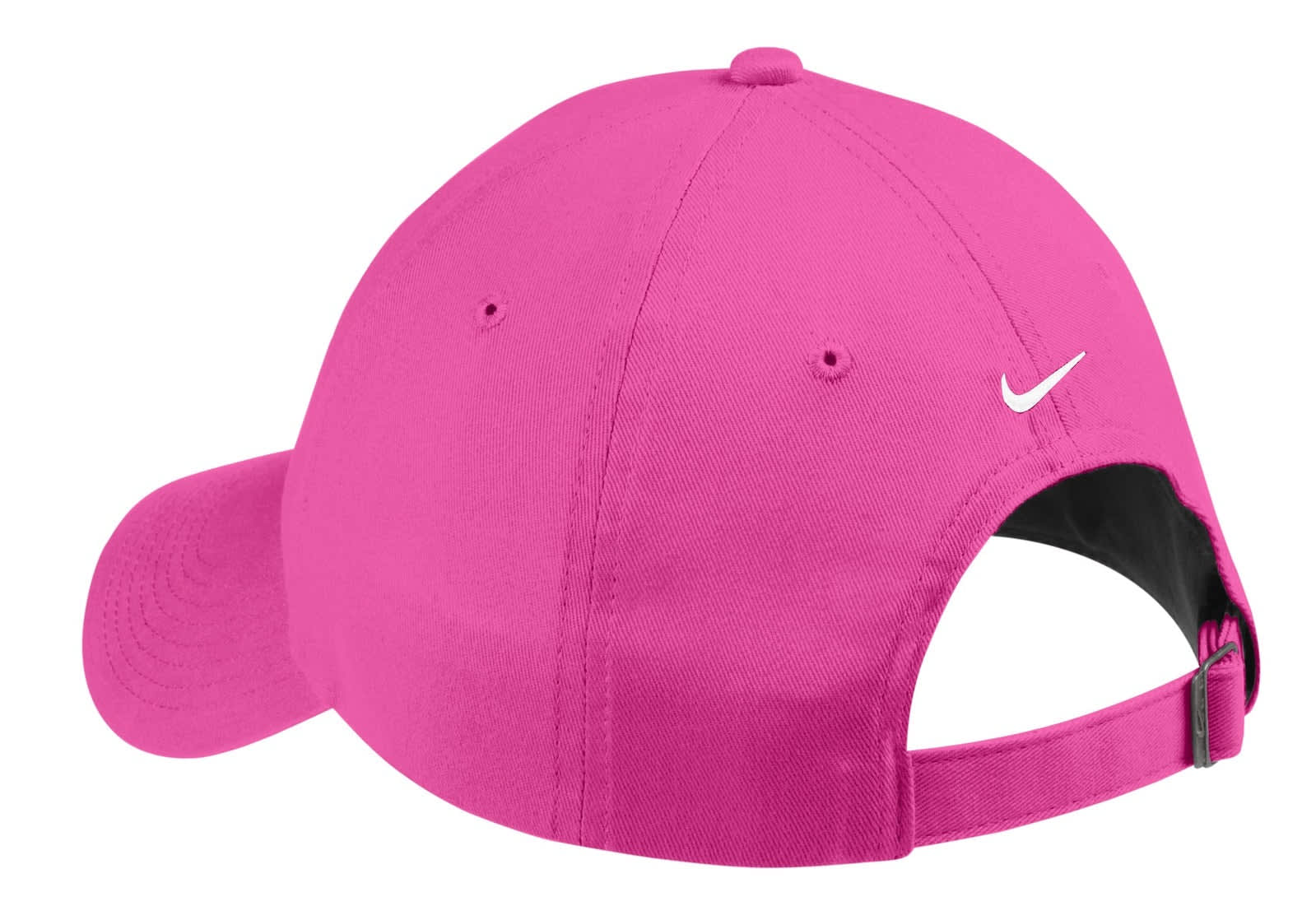 A pink cap with an adjustable strap at the back and a logo, showcasing a smooth twill fabric.