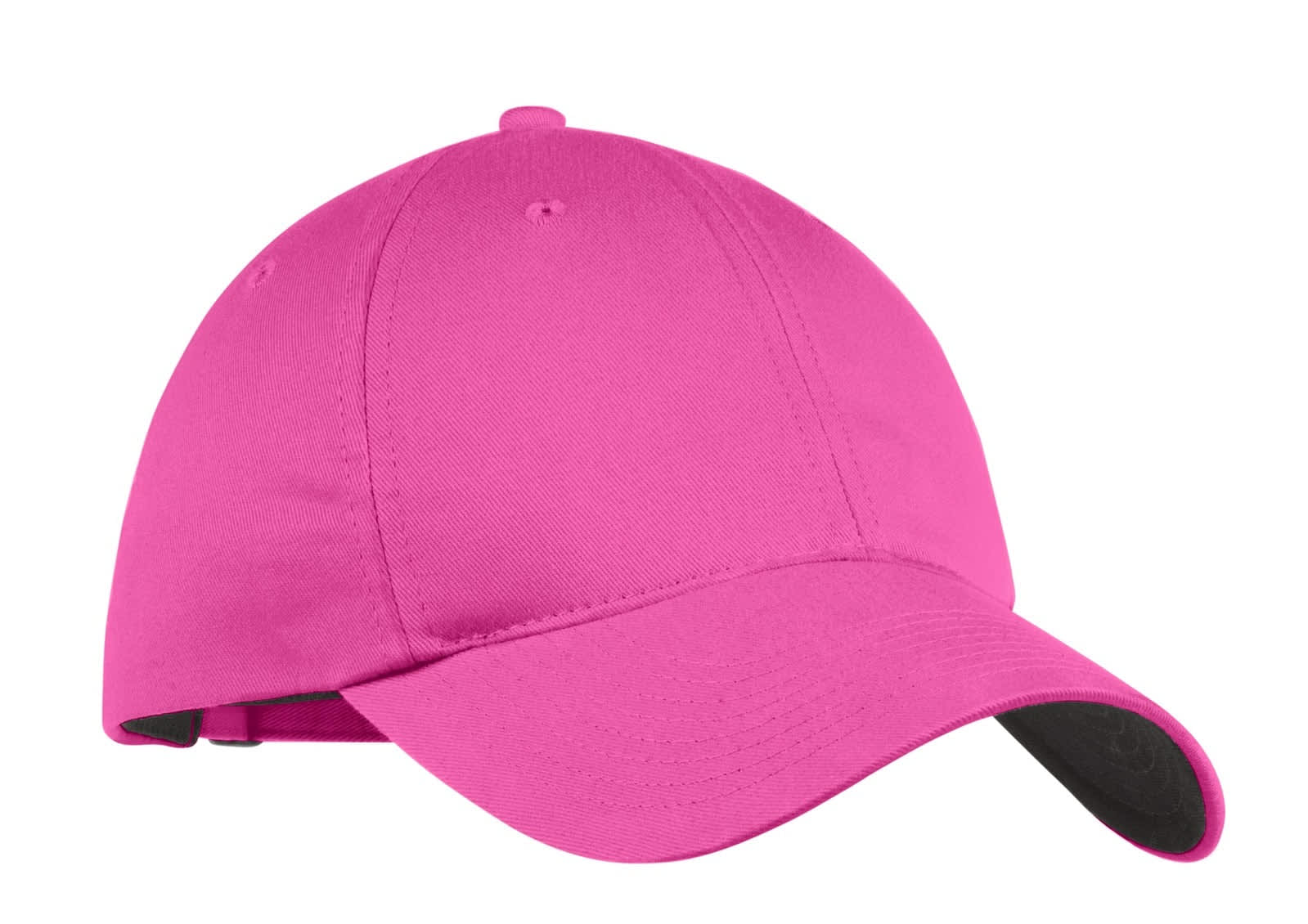 A bright pink unstructured twill cap with a curved peak and an adjustable strap at the back. Features a logo.