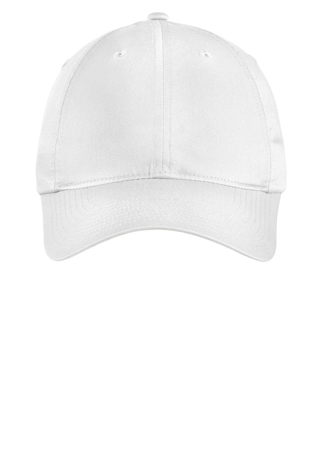 A white unstructured twill cap featuring a logo on the front. Suitable for various headwear needs.