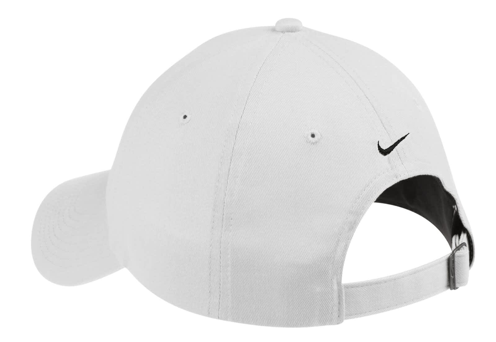 A white Nike unstructured twill cap with a branding logo and an adjustable strap at the back.