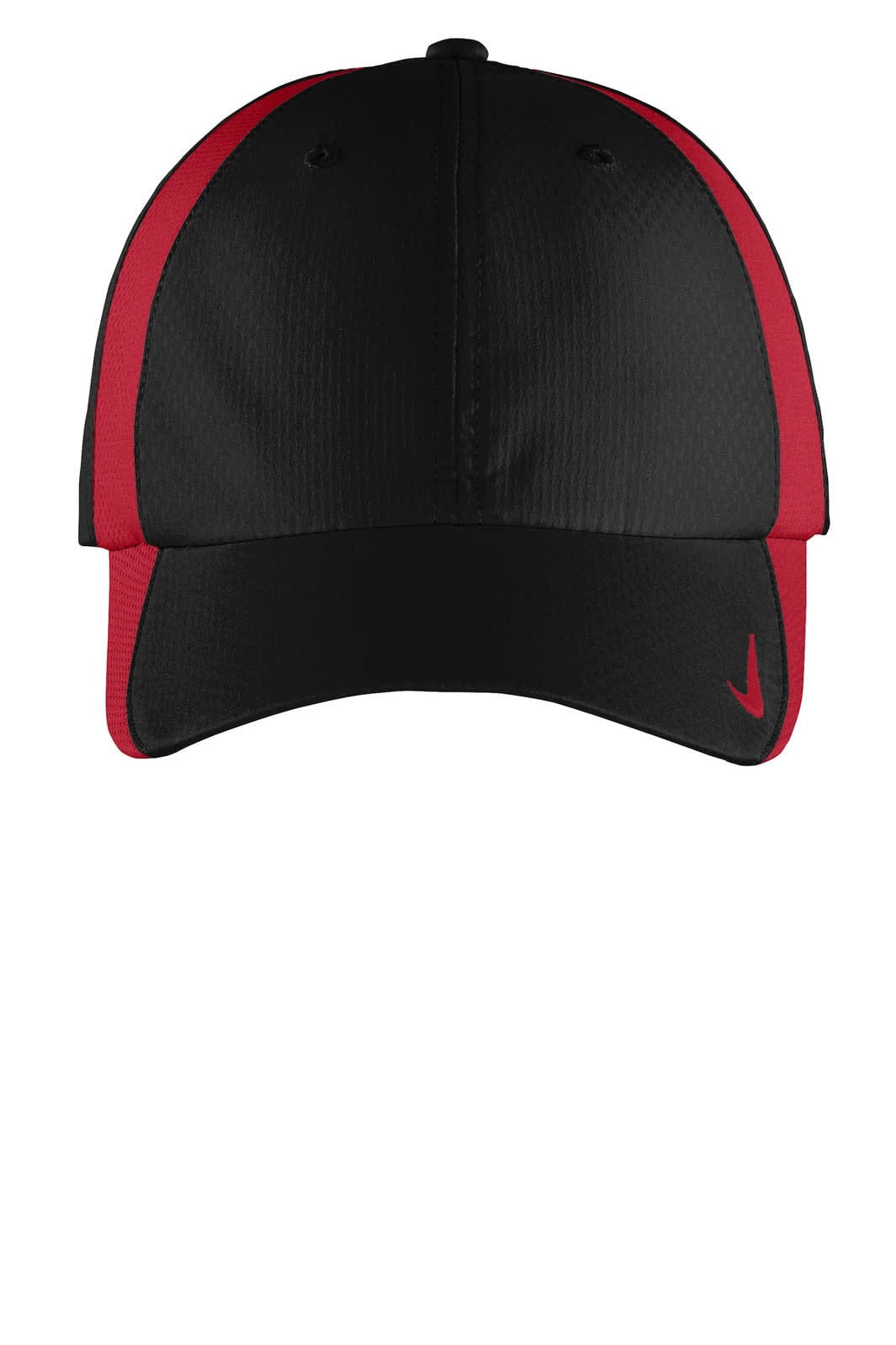 A black and red Nike Sphere Dry Cap with a structured design and a logo on the side.