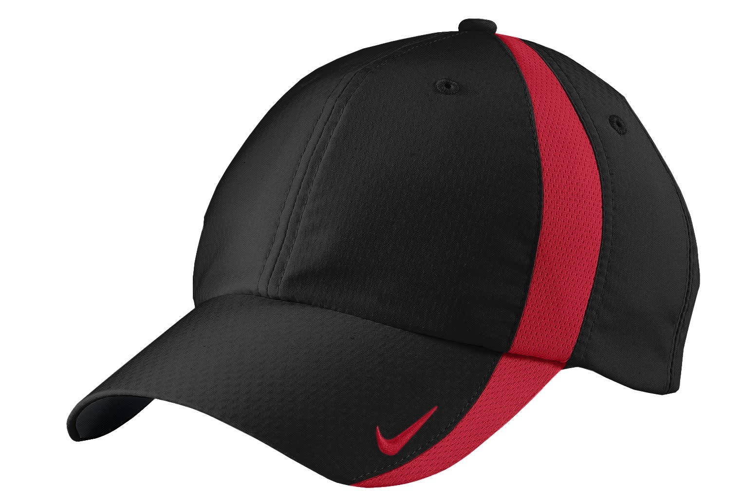 A black cap with a red panel, featuring a logo on the front, designed for headwear.
