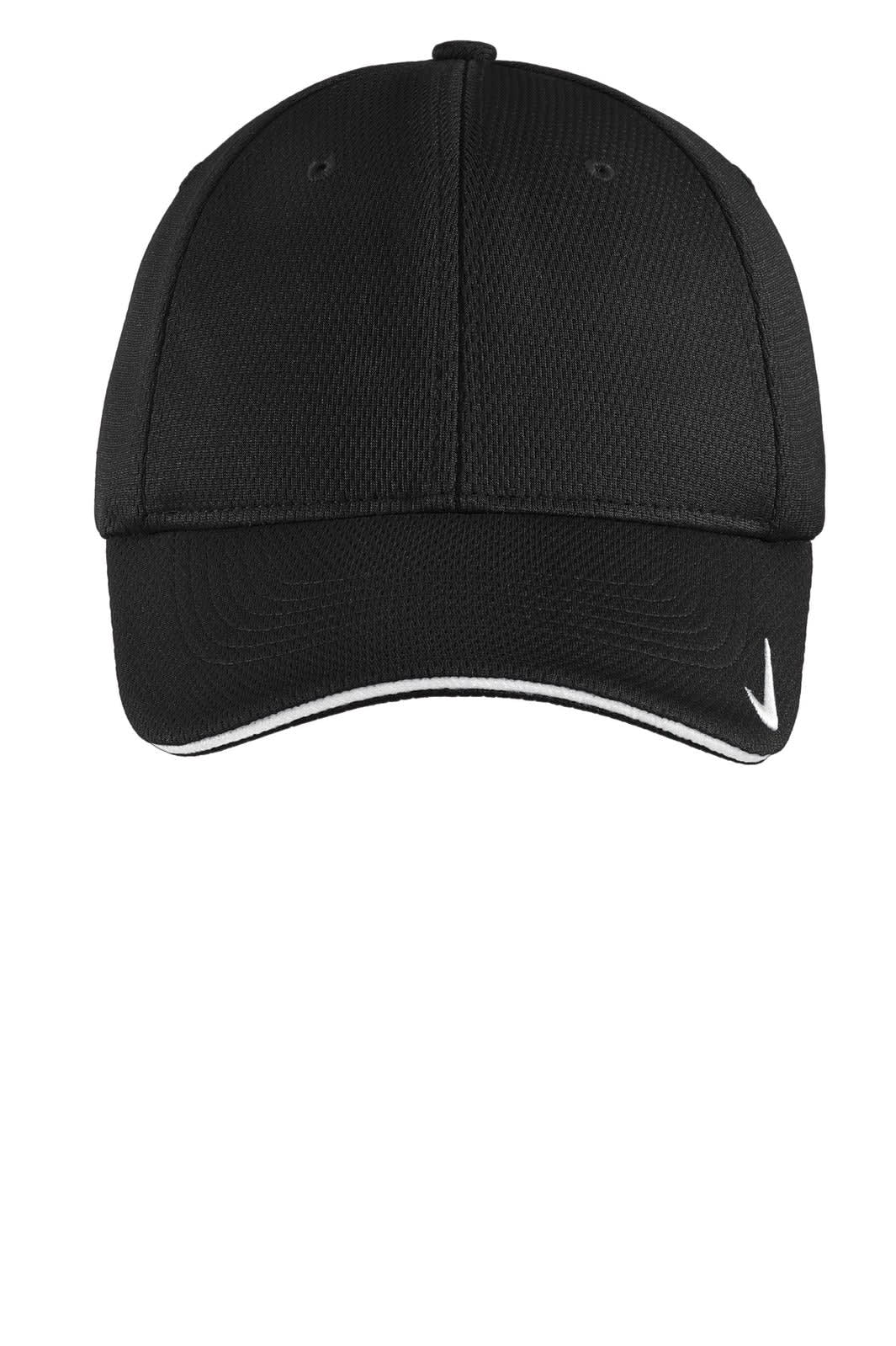 A black Nike Dri-FIT Mesh Swoosh Flex Sandwich Cap featuring a logo and a contrasting underbill.