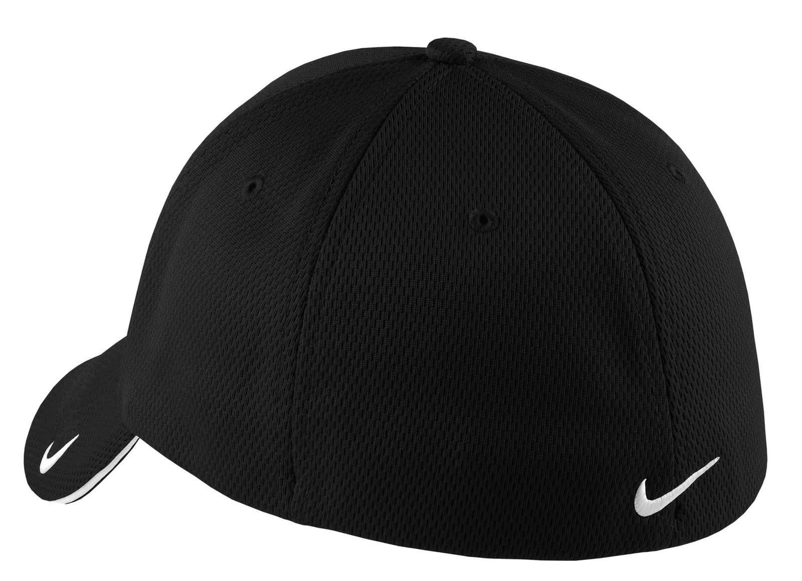A black Nike Dri-FIT mesh cap featuring a logo, designed with a flexible sandwich brim.