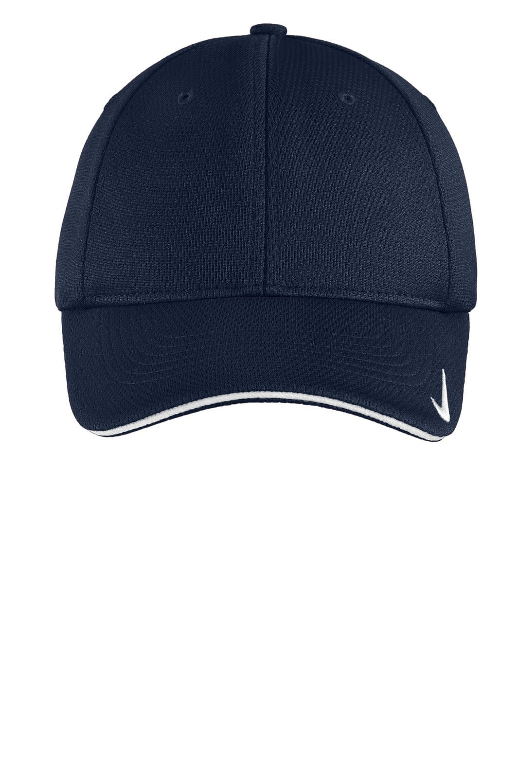 A navy cap featuring mesh material, a flexible fit, and a logo on the side.