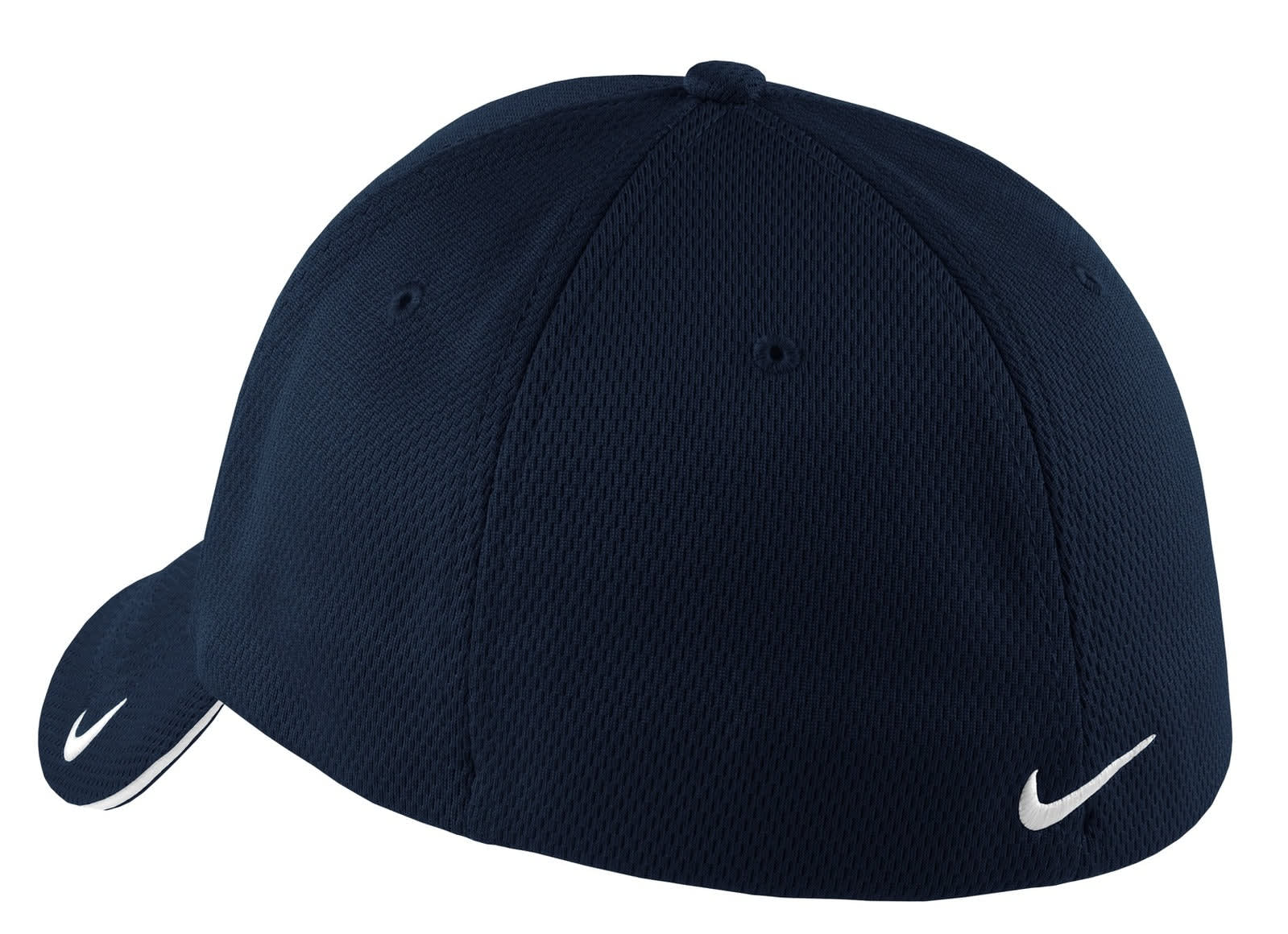 A navy cap with a mesh design, featuring a logo on the side. Ideal for headwear collections.
