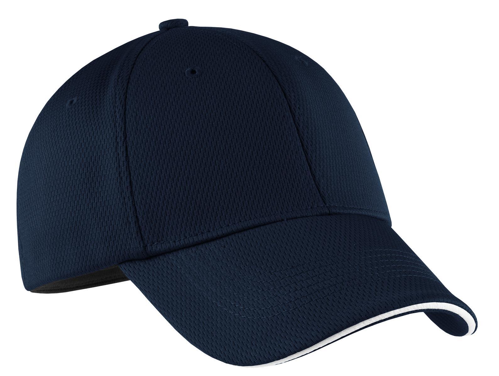 A navy blue cap featuring mesh fabric and a contrasting white trim. Includes a logo on the front.