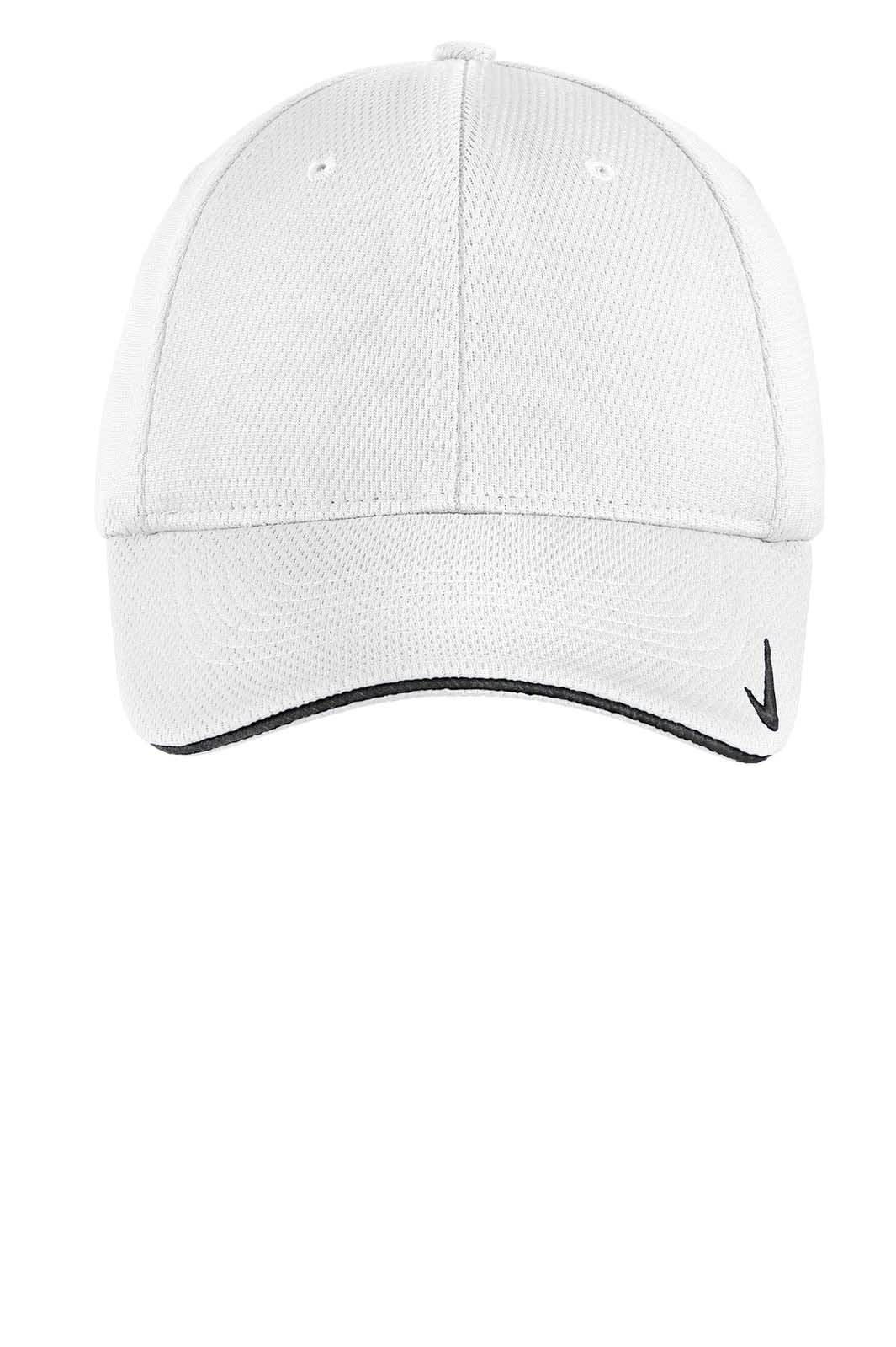 A white cap with a black logo and a mesh design, featuring a subtle sandwich peak.