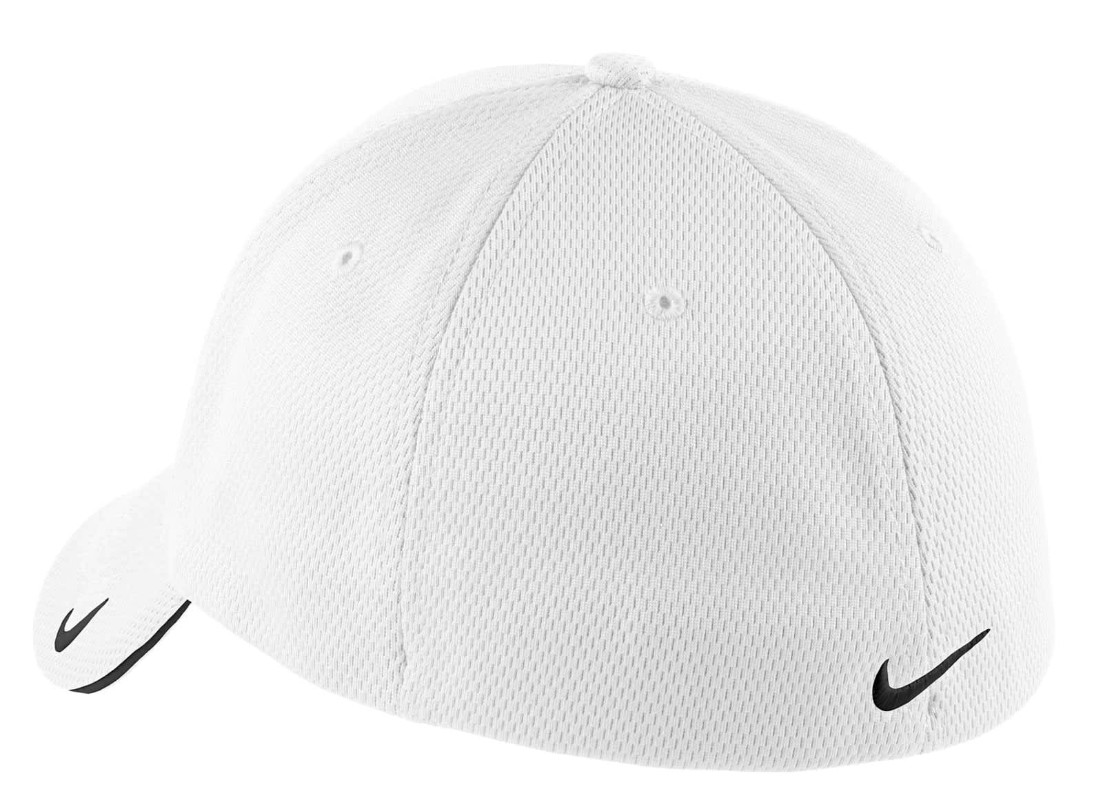 A white cap with a mesh design and a logo on the front. It features a flexible fit for comfort.