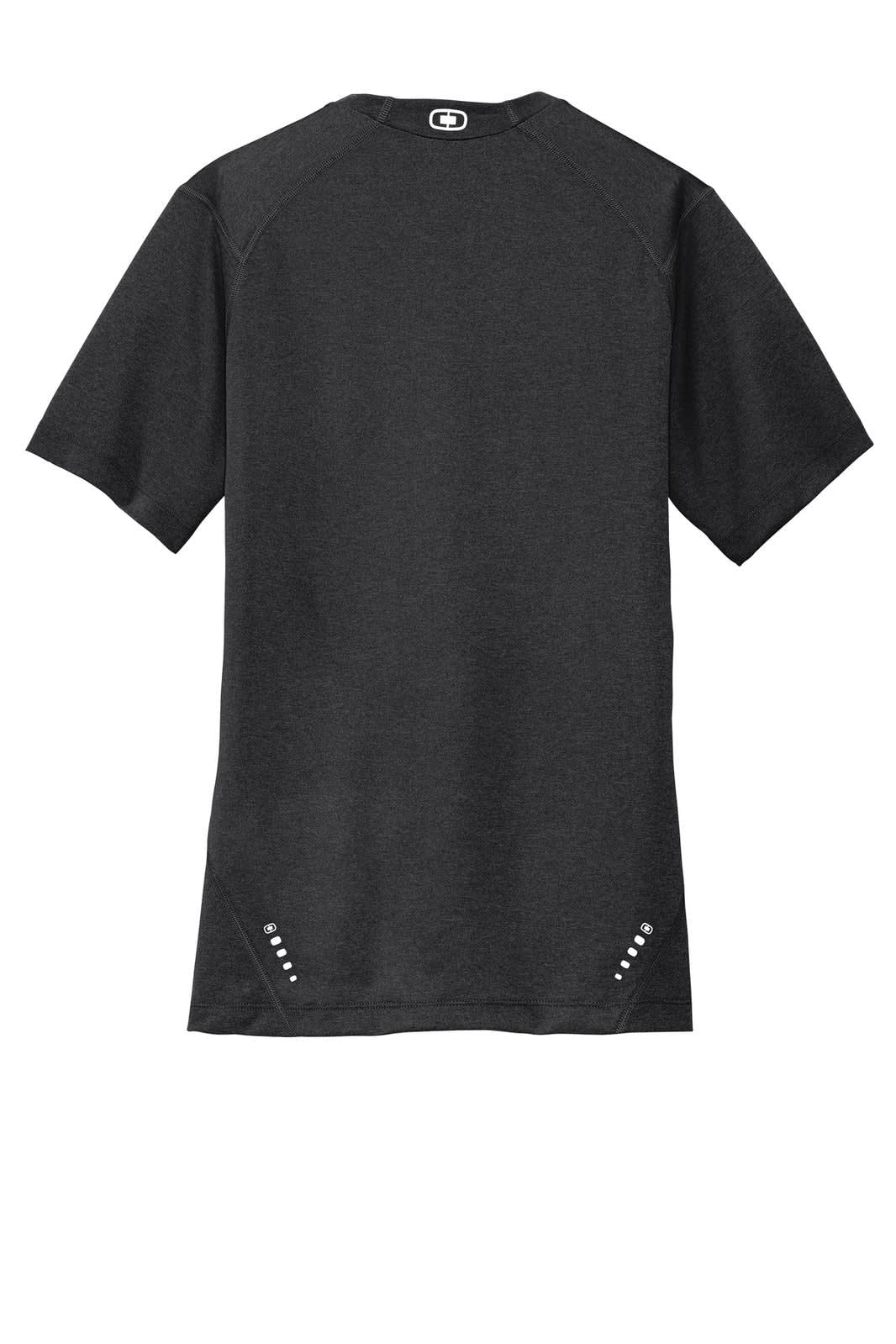 A dark grey t-shirt featuring a crew neck and short sleeves, with a branding logo on the back.