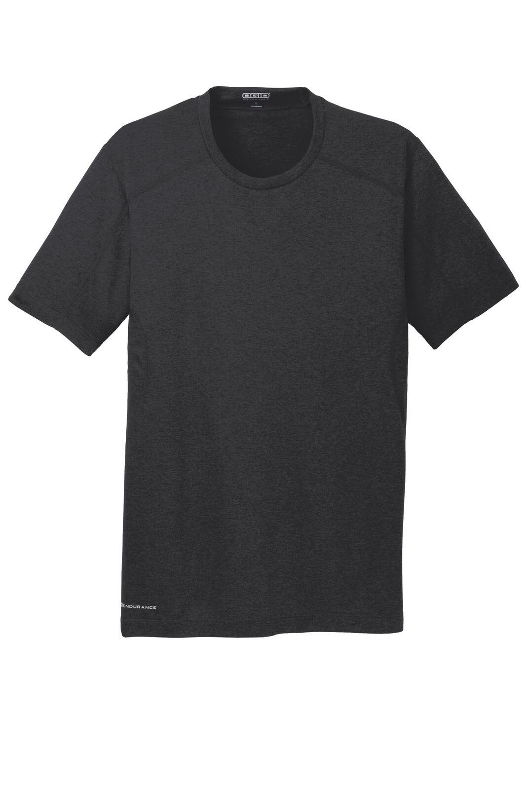 A black crew neck t-shirt made from breathable fabric, featuring a logo on the front.