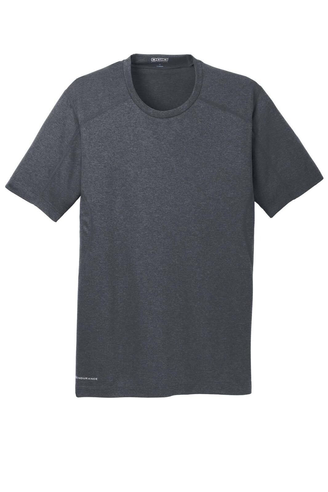A dark grey crew-neck T-shirt with short sleeves and a logo on the hem.