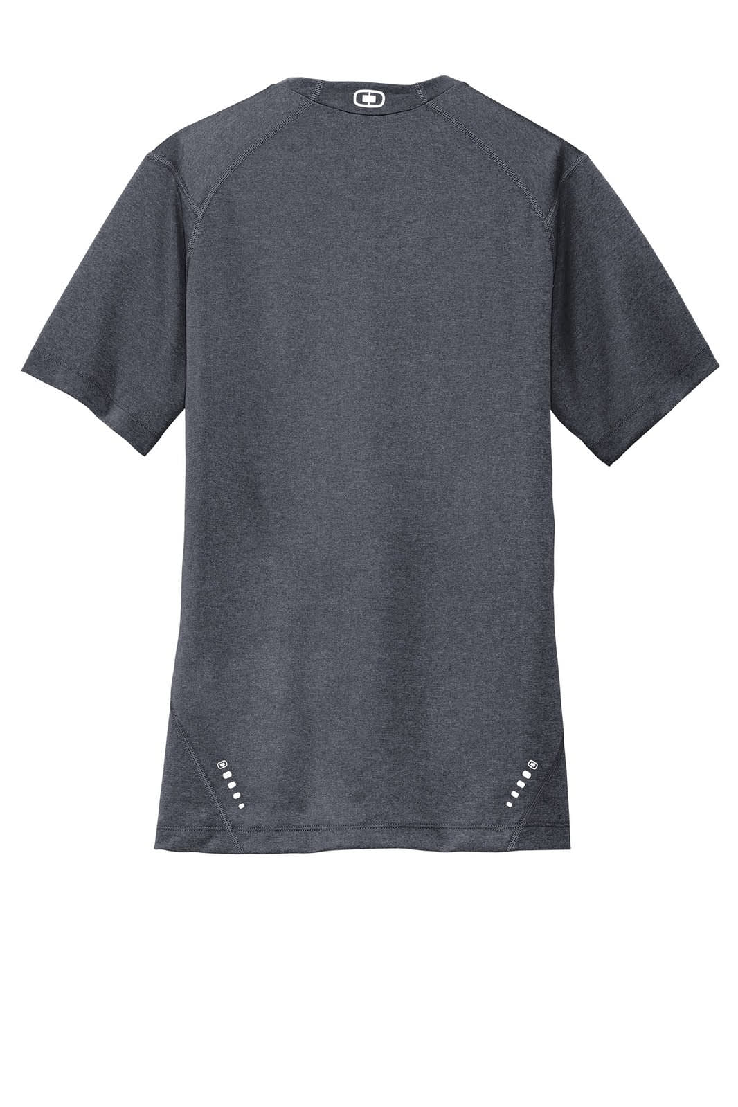 A grey crew t-shirt with short sleeves, featuring a logo and decorative detailing near the hem.
