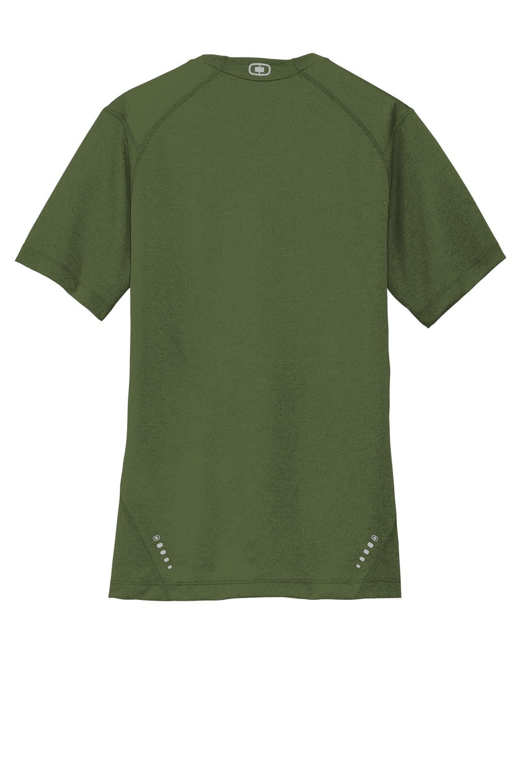 A short-sleeved, olive green t-shirt with a crew neck and a logo on the back. Featuring reflective details near the hem.