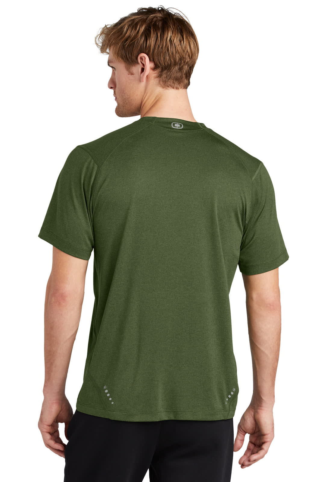 A green OGIO ENDURANCE Pulse Crew t-shirt, featuring a logo, shown from the back.