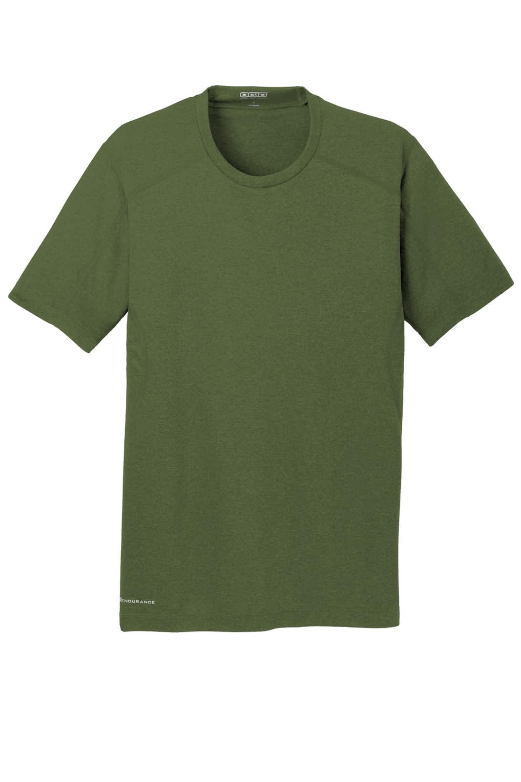 An olive green short-sleeve crew t-shirt with a subtle logo.