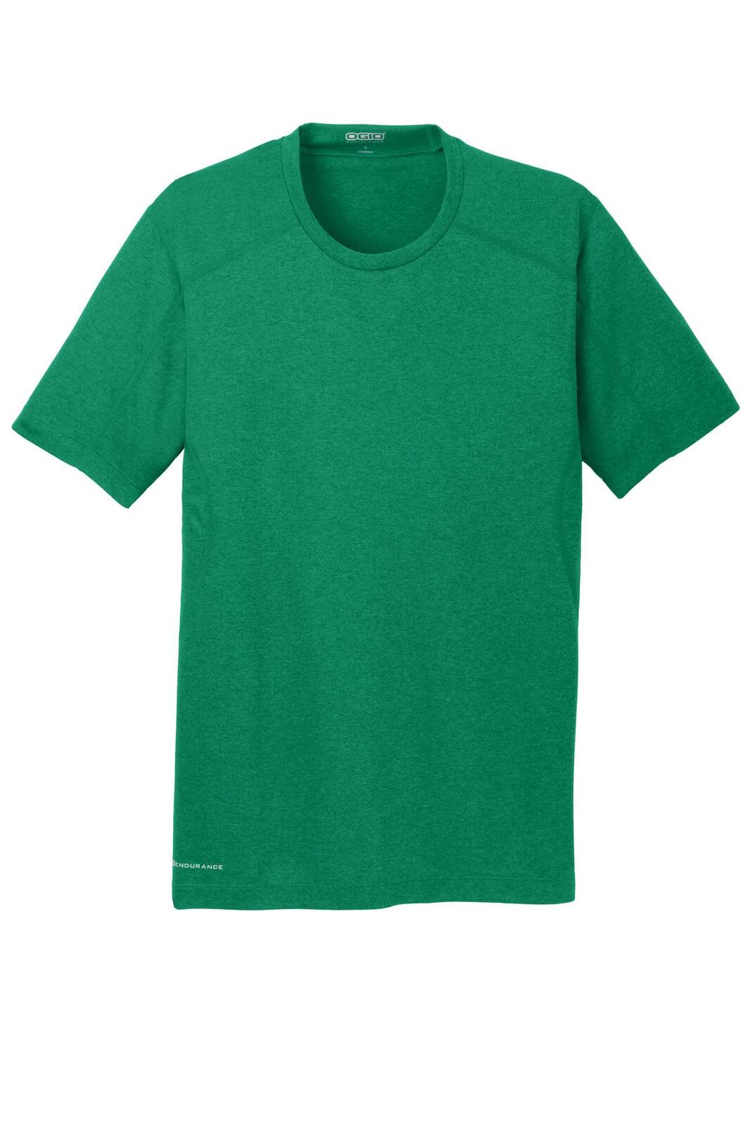 A green crew neck t-shirt made of breathable fabric, featuring a subtle logo at the bottom.