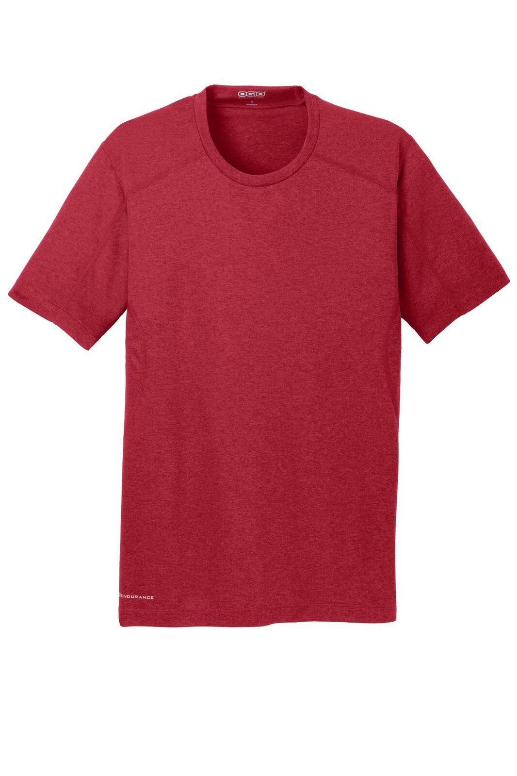 A red crew-neck T-shirt made of fabric with a subtle texture, featuring a logo on the bottom.