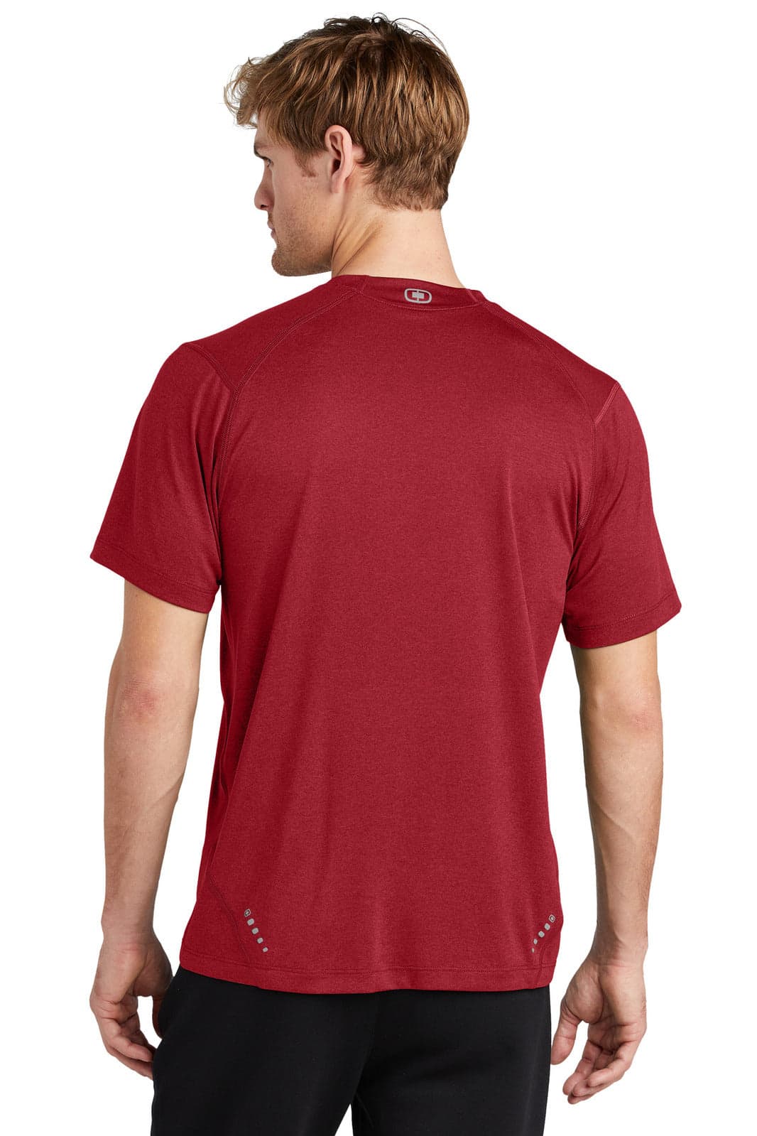 A red crew t-shirt with short sleeves, featuring a logo, shown from the back.