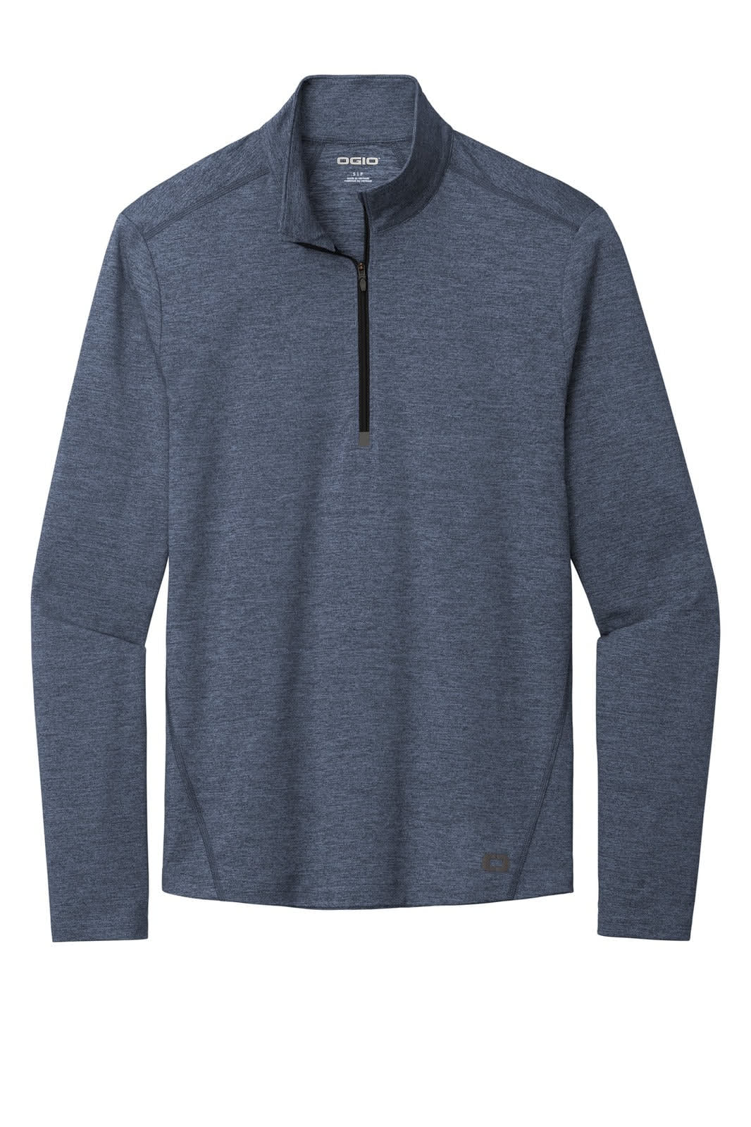 A navy 1/4-zip long sleeve top with a collar and a logo on the chest.