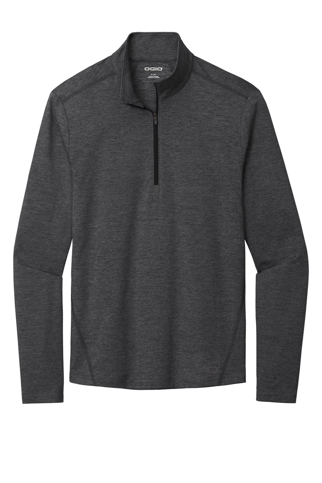 A dark grey 1/4-zip long sleeve top with a collar, featuring a logo on the front.
