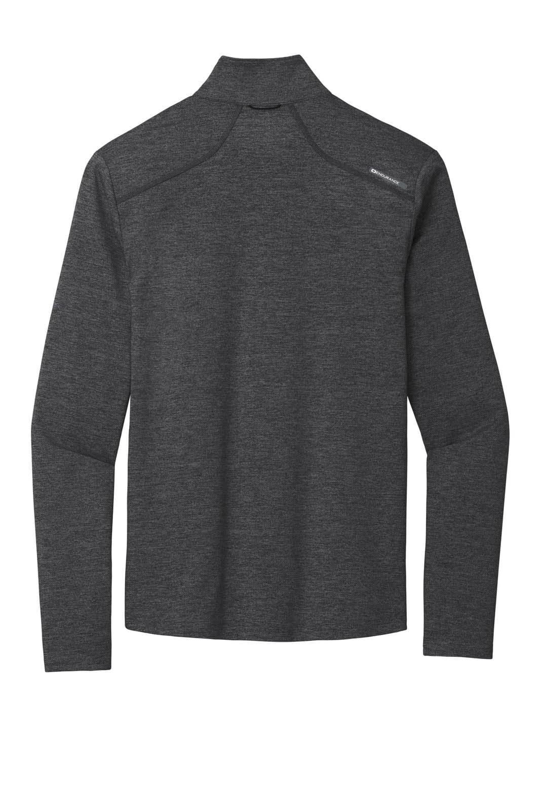 A grey long-sleeve 1/4-zip top with a high collar and a logo on the back.