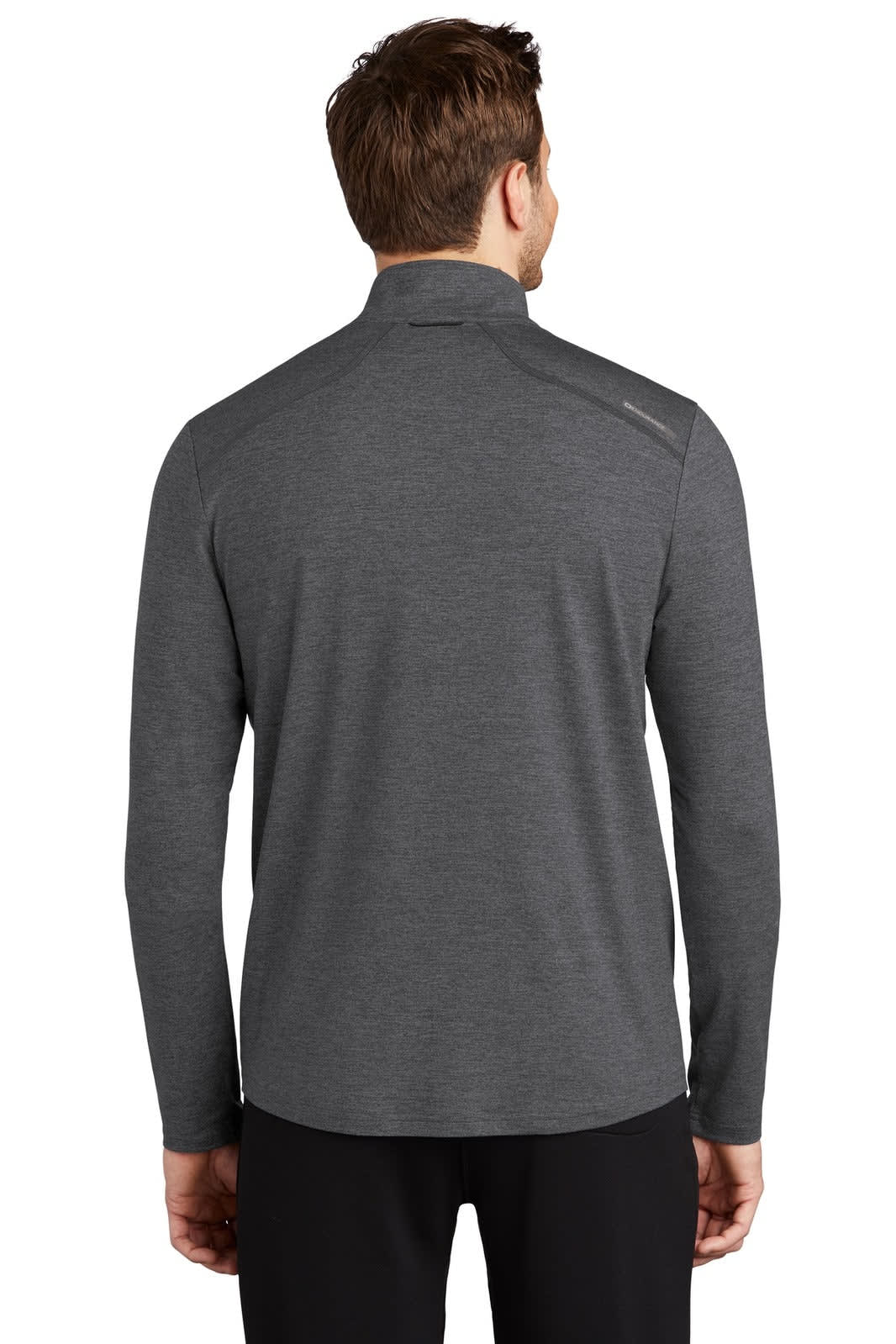 A grey 1/4-zip shirt is displayed, featuring a sleek design and a logo on the back.