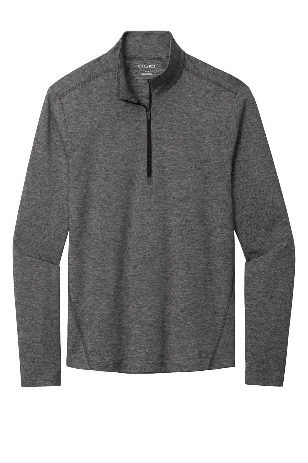 A grey OGIO ENDURANCE Force 1/4-zip long-sleeve shirt with a high collar and zip front, featuring a logo.