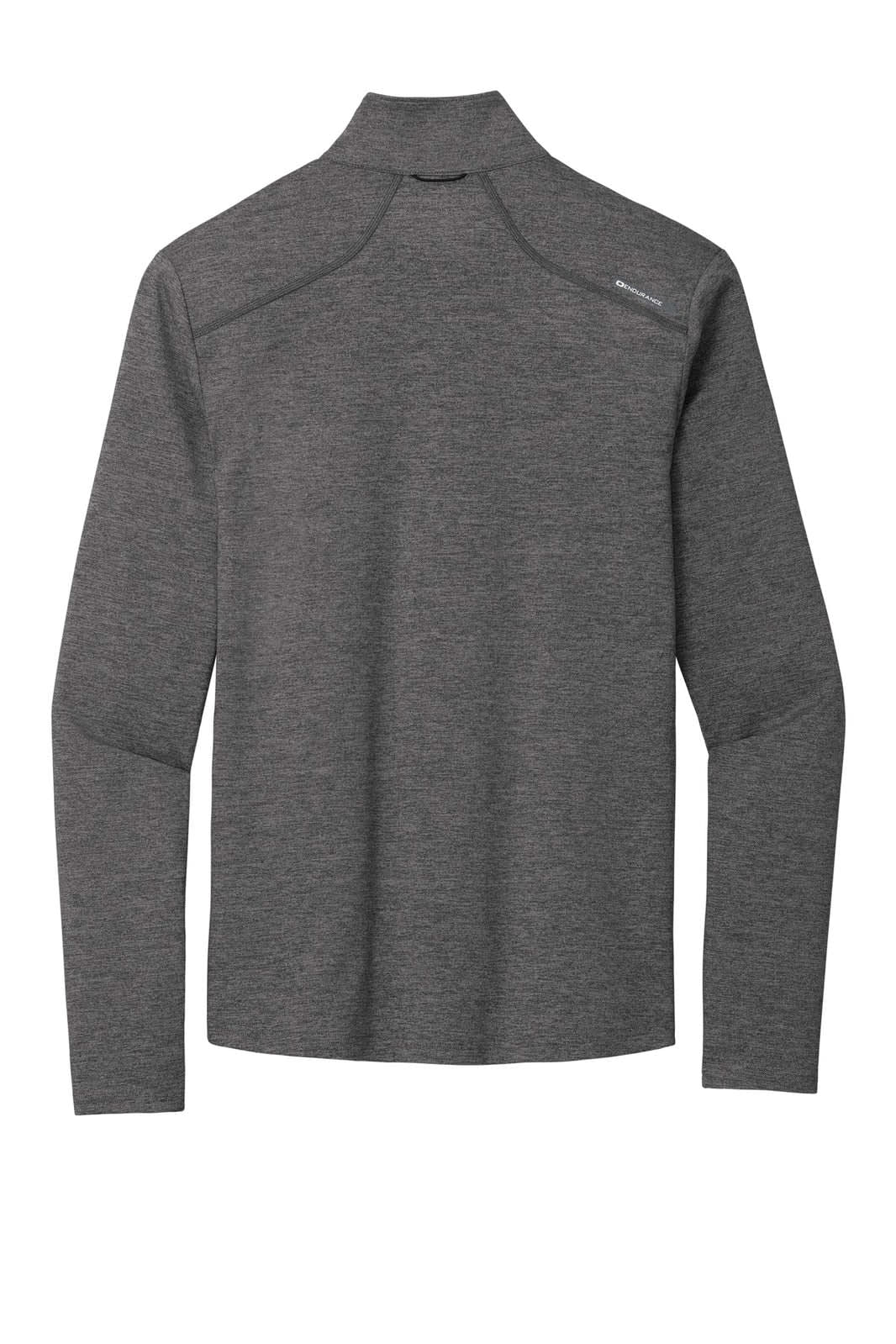 A grey, long-sleeved 1/4-zip shirt with a mock neck and a small logo on the back.